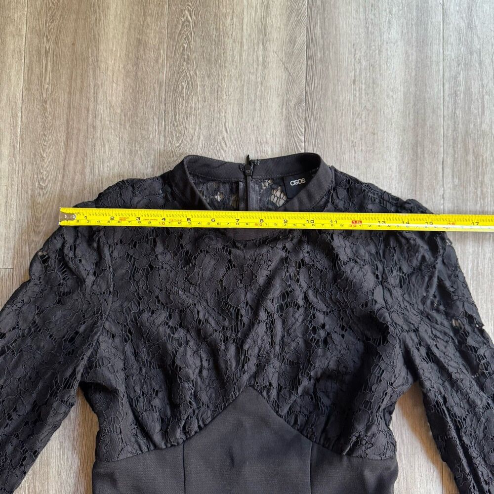 ASOS Mini Dress Black Sz 0 High Neck Skate Lace Insert & Lace Sleeves Stretch - Picture 5 of 16